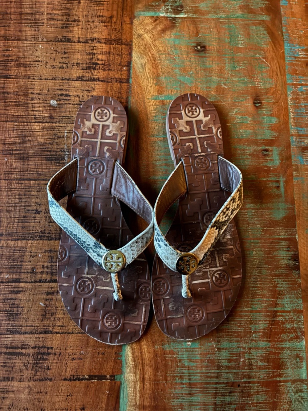 Tory Burch Thora Python Snake-Print Strap Flip Flops with Gold Logo 8 m